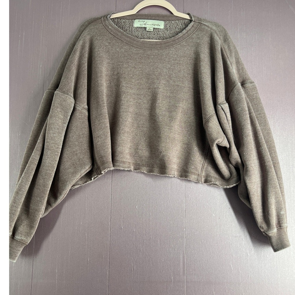 Vintage Havana Cropped Balloon Sleeve Sweatshirt Streetwear Brown Taupe Small‎